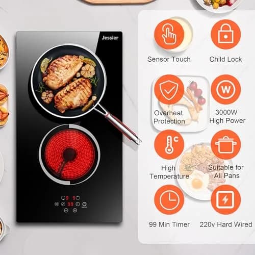Jessier 2 Burner Electric Cooktop 220V 3000W | Hardwired Drop-In Ceramic Glass Cooktop thumbnail 2