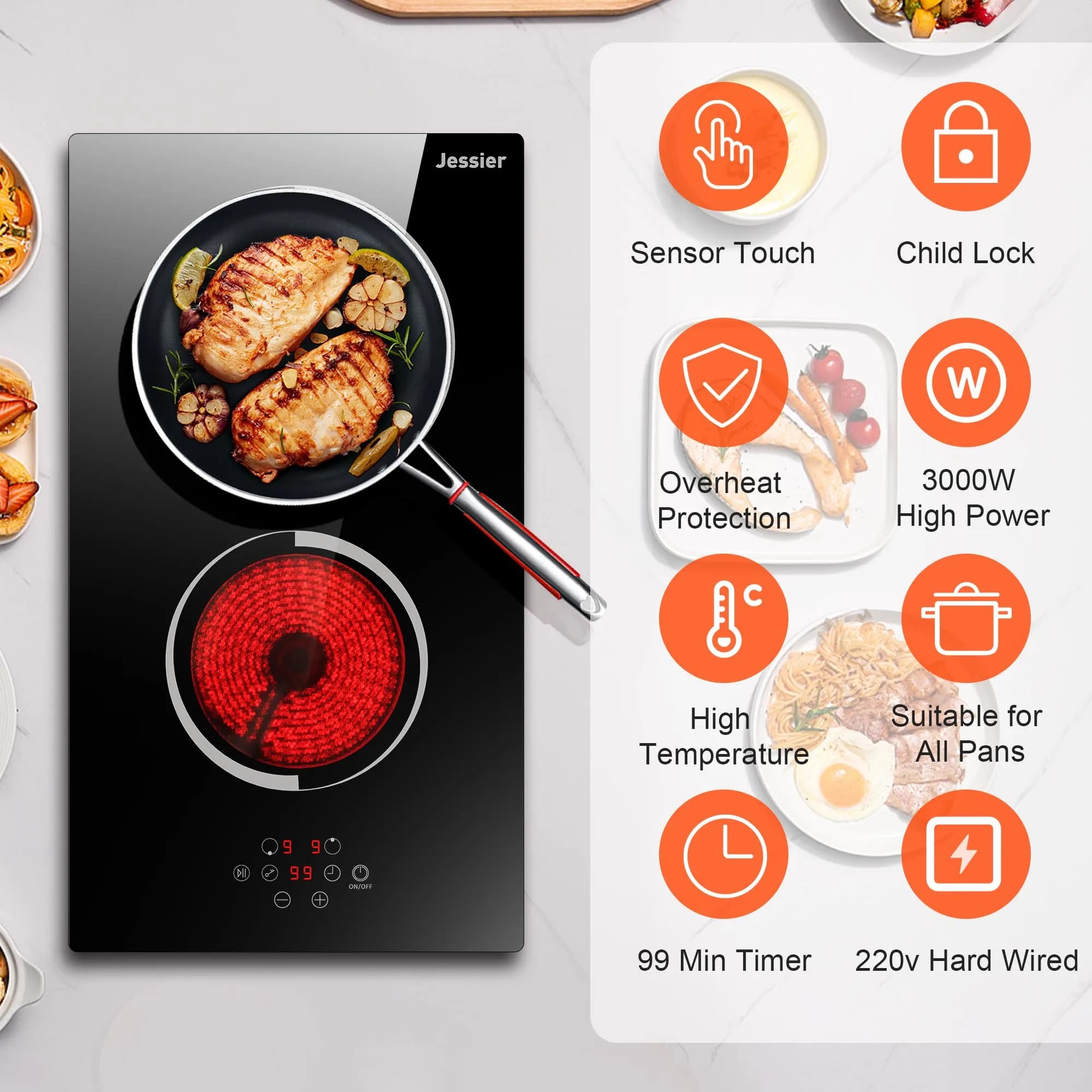 Jessier 2 Burner Electric Cooktop 220V 3000W | Hardwired Drop-In Ceramic Glass Cooktop - view 2