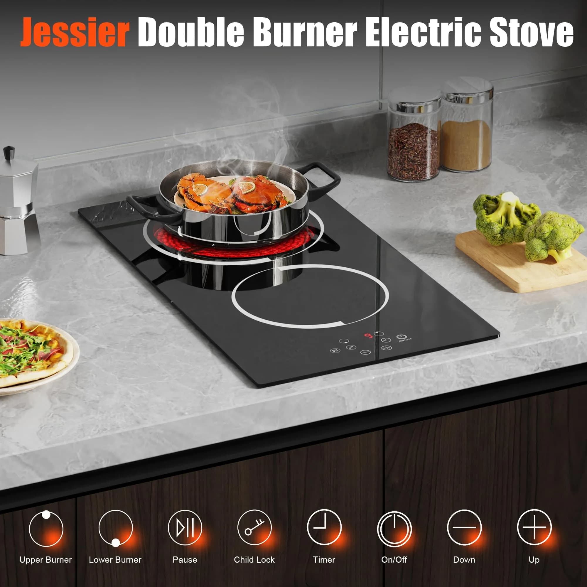 Jessier 2 Burner Electric Cooktop 220V 3000W | Hardwired Drop-In Ceramic Glass Cooktop - view 3