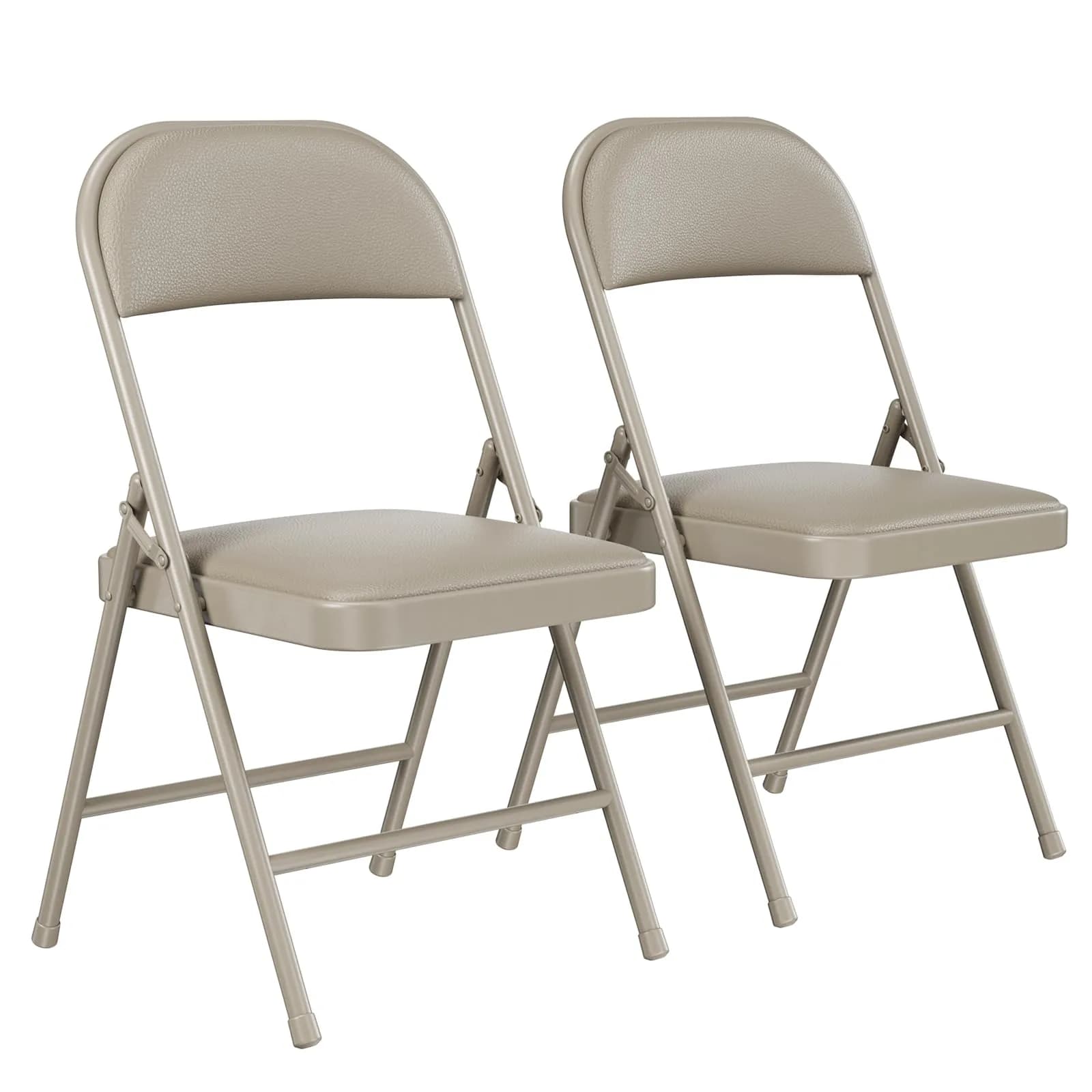 FurniEdge 2 Pack Padded Folding Chairs | Portable Metal Foldable Chairs with Cushion, PU Leather, Indoor & Outdoor Khaki