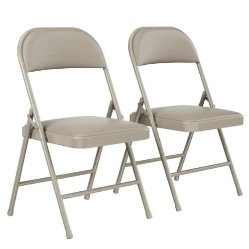 FurniEdge 2 Pack Padded Folding Chairs | Portable Metal Foldable Chairs with Cushion, PU Leather, Indoor & Outdoor Khaki thumbnail 1