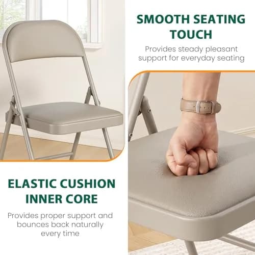 FurniEdge 2 Pack Padded Folding Chairs | Portable Metal Foldable Chairs with Cushion, PU Leather, Indoor & Outdoor Khaki thumbnail 4