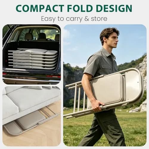 FurniEdge 2 Pack Padded Folding Chairs | Portable Metal Foldable Chairs with Cushion, PU Leather, Indoor & Outdoor Khaki thumbnail 5