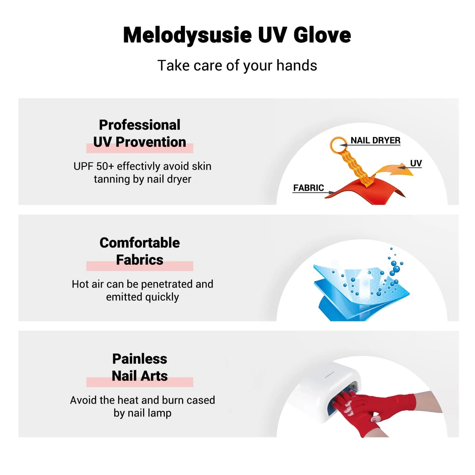 MelodySusie Red Fingerless UV Protection Gloves for Gel Nail Lamps | UPF50+ Sun Protection - view 3