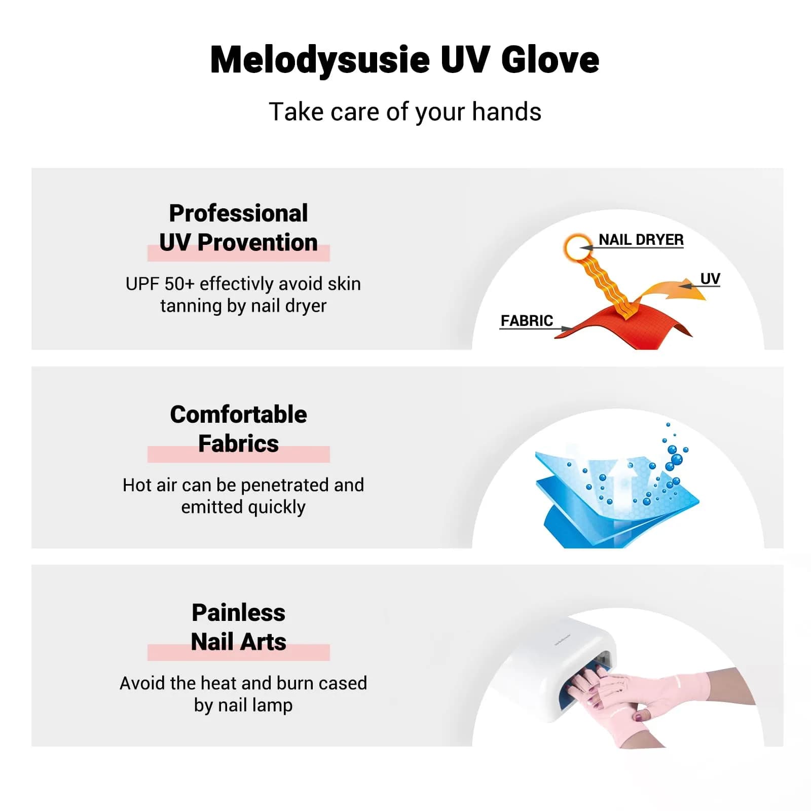 MelodySusie Blush Pink Fingerless UV Protection Gloves for Gel Nail Lamp - view 3
