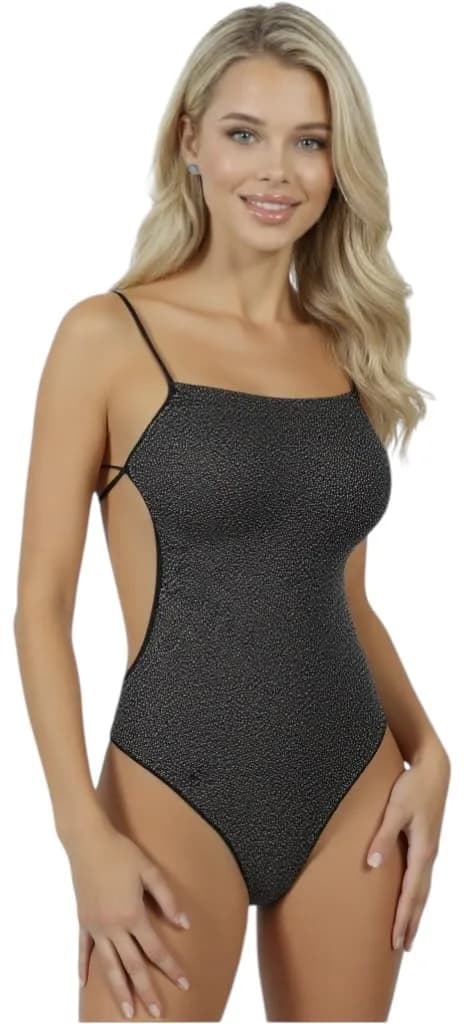 ToBeInStyle Women's Long Sleeve Opaque Leotard Teddy - Open Back Thin Strap Lurex Teddy Black - One Size