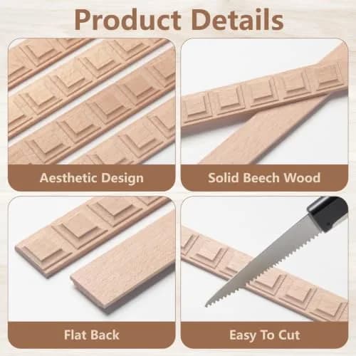 Coowayze Grid Wood Trim Molding Decorative Strips 15.8 inch (40 cm) | 12 PCS Unfinished Beech Wood for Walls, Cabinets, Doors, Mirrors thumbnail 4