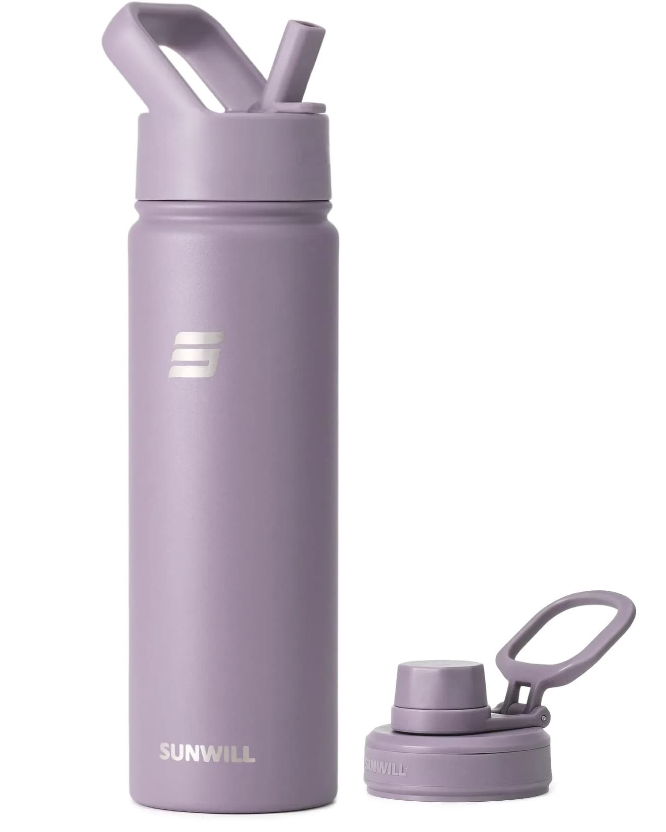 SUNWILL Insulated Water Bottle with Straw & Chug Lid 22 oz | Double-Wall Vacuum Stainless Steel — Powder Coated Muted Violet