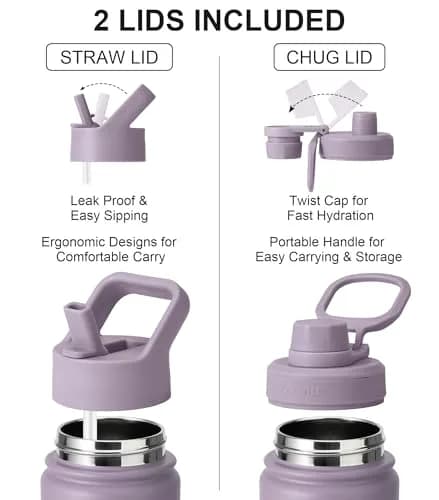 SUNWILL Insulated Water Bottle with Straw & Chug Lid 22 oz | Double-Wall Vacuum Stainless Steel thumbnail 2