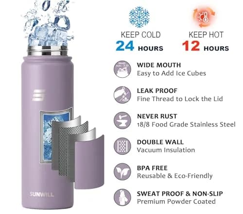SUNWILL Insulated Water Bottle with Straw & Chug Lid 22 oz | Double-Wall Vacuum Stainless Steel thumbnail 3