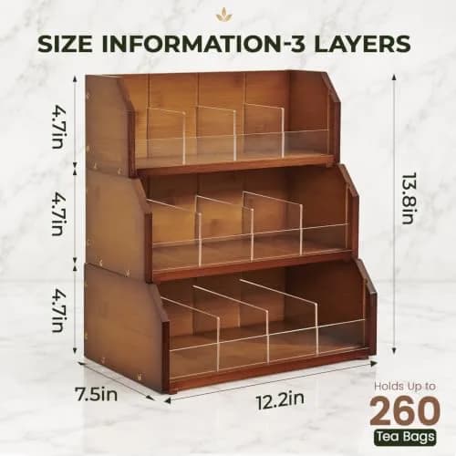 TIOPGHAD 3-Layer Bamboo Tea Bag Organizer Storage Holder, Brown | Stackable, Removable Compartments, 260 Tea Bags Capacity thumbnail 6