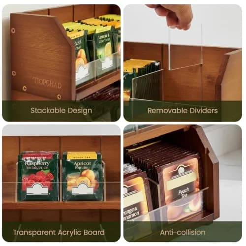 TIOPGHAD 3-Layer Bamboo Tea Bag Organizer Storage Holder, Brown | Stackable, Removable Compartments, 260 Tea Bags Capacity thumbnail 7