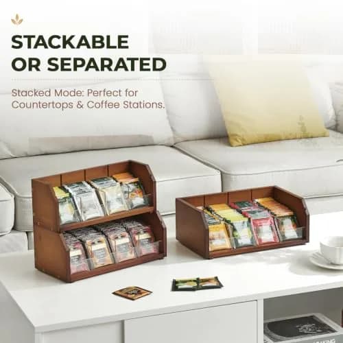 TIOPGHAD 3-Layer Bamboo Tea Bag Organizer Storage Holder, Brown | Stackable, Removable Compartments, 260 Tea Bags Capacity thumbnail 3
