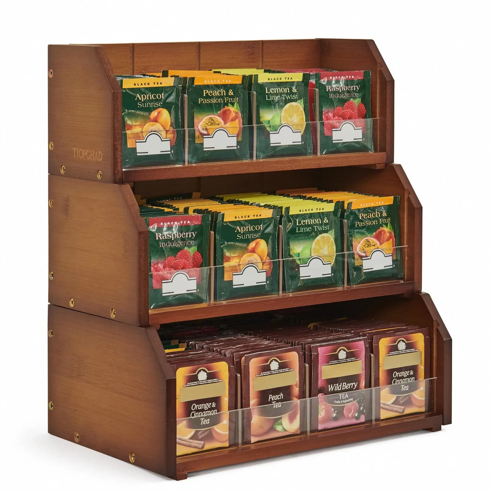 TIOPGHAD 3-Layer Bamboo Tea Bag Organizer Storage Holder, Brown | Stackable, Removable Compartments, 260 Tea Bags Capacity - main product image