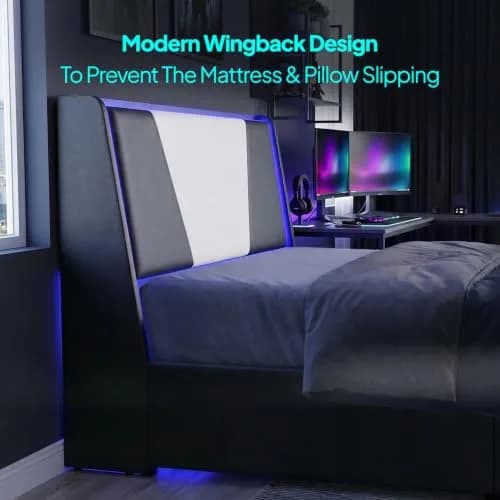 Welzona Twin Bed Frame Upholstered Headboard Led Lights Storage Drawers | Modern Gaming Style thumbnail 7