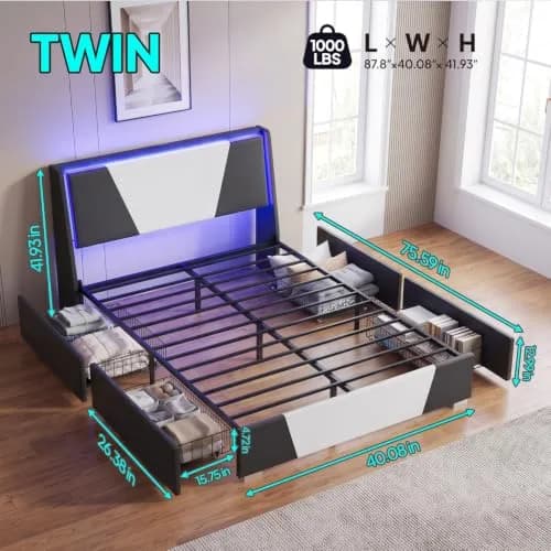 Welzona Twin Bed Frame Upholstered Headboard Led Lights Storage Drawers | Modern Gaming Style thumbnail 9
