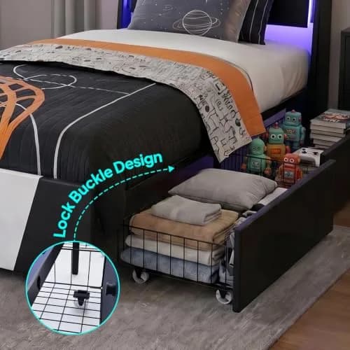 Welzona Twin Bed Frame Upholstered Headboard Led Lights Storage Drawers | Modern Gaming Style thumbnail 3