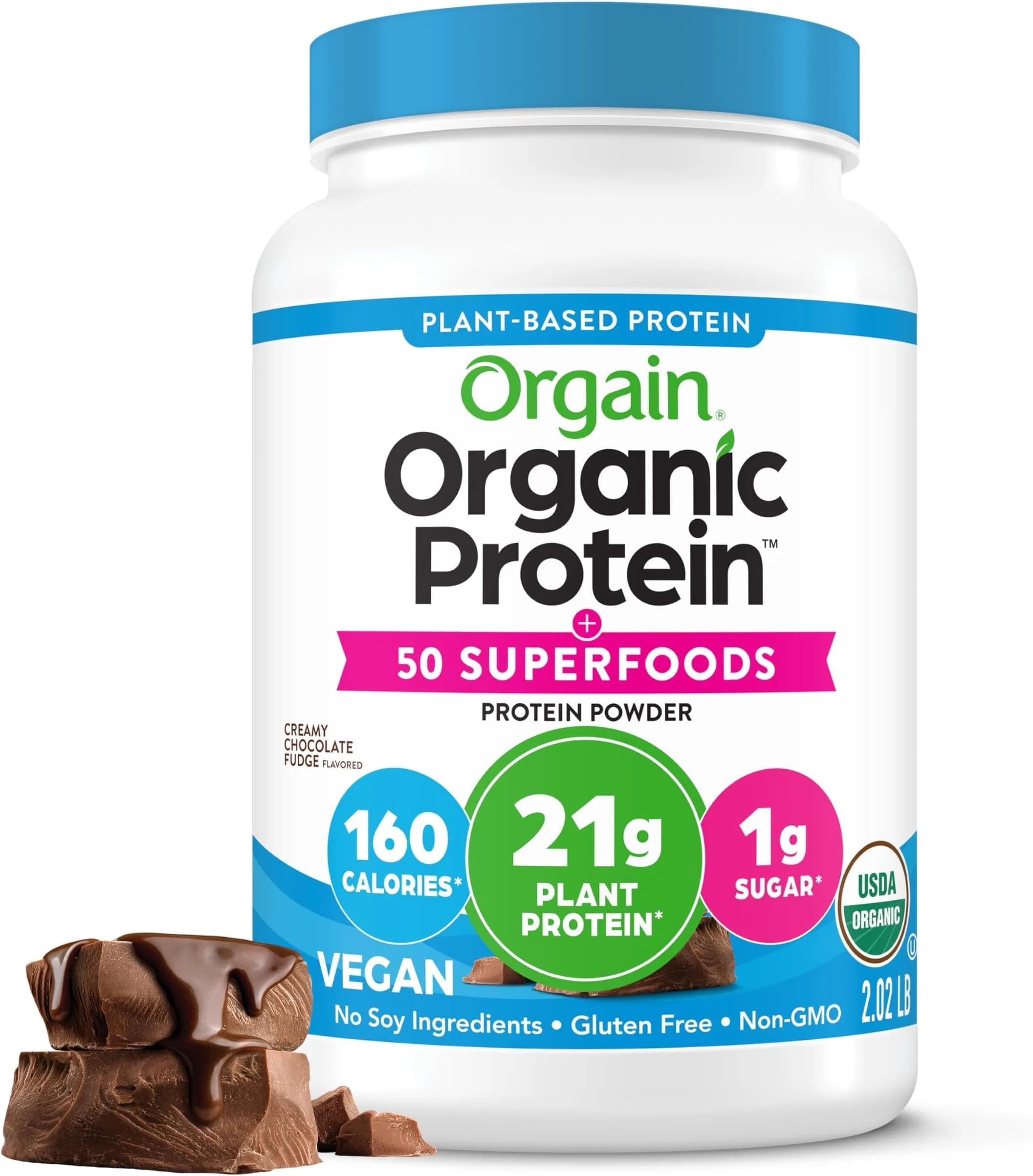 Orgain Organic Vegan Protein + 50 Superfoods Creamy Chocolate Fudge 2.02 lb (916 g) | USDA Organic, 21g Plant Protein, 10g Fiber - main product image