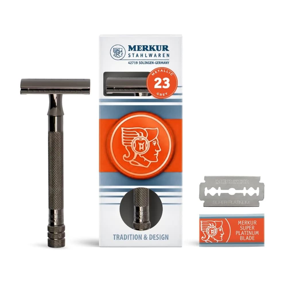 MERKUR 23C Metallic Grey Double Edge Safety Razor, Long Handle, Closed Comb | Precision Wet Shaving - main product image