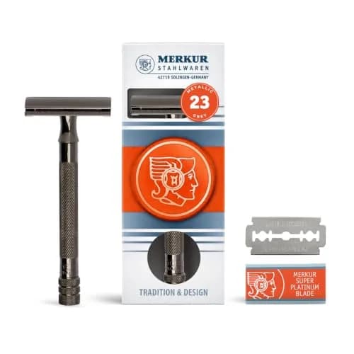 MERKUR 23C Double-Edge Safety Razor for Men, Metallic Grey Long Handle | German Craftsmanship for a Smooth, Plastic-Free Shave thumbnail 1