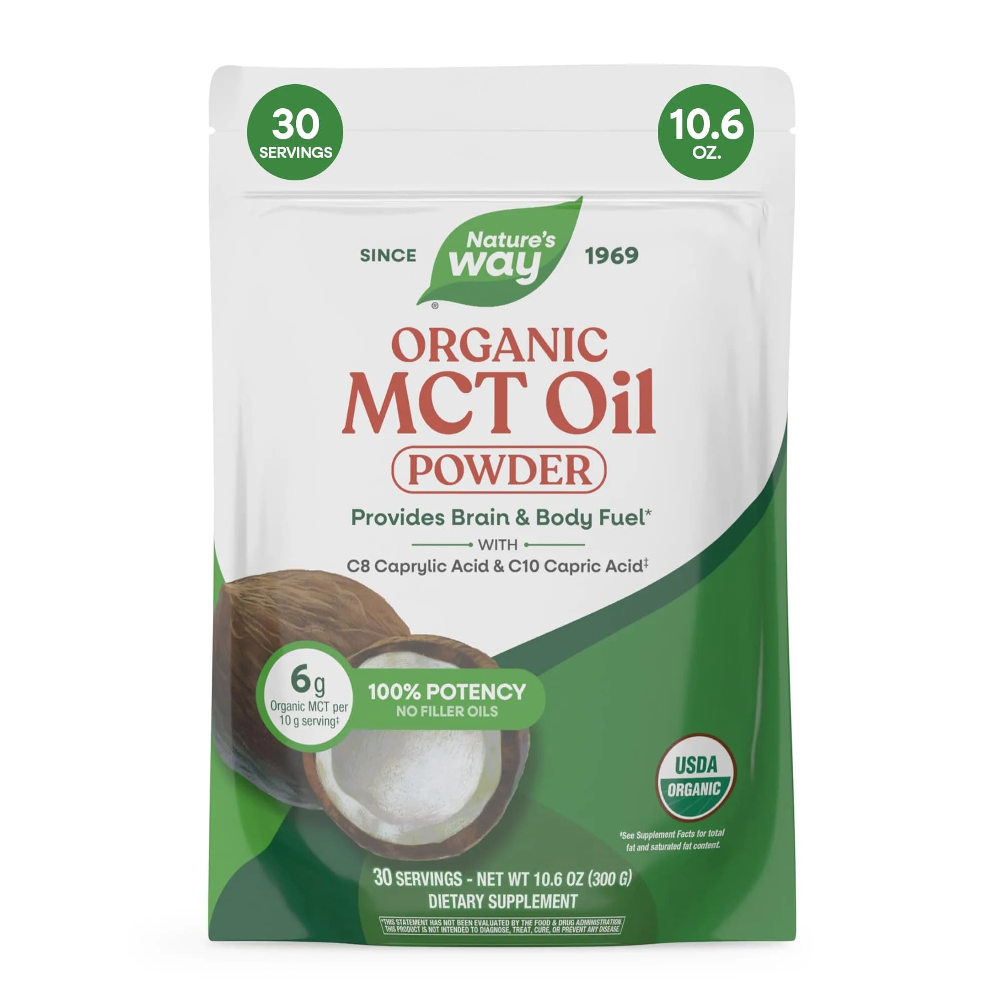 Nature's Way Organic MCT Oil Powder 10.6 Oz (300g) | Brain and Body Fuel for Energy — Unflavored / 16 Fl Oz