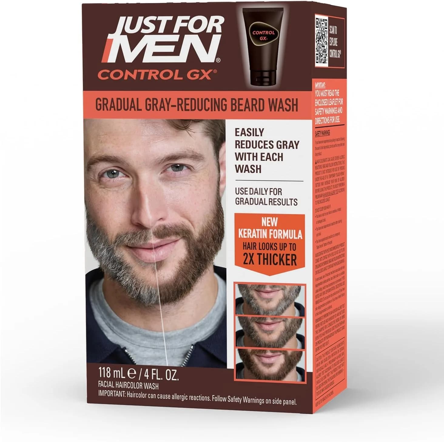 Just for Men Control GX Grey Reducing Beard Wash Shampoo 118ml (4 Fl Oz) | Gradually Colors Mustache and Beard — 4 Fl Oz