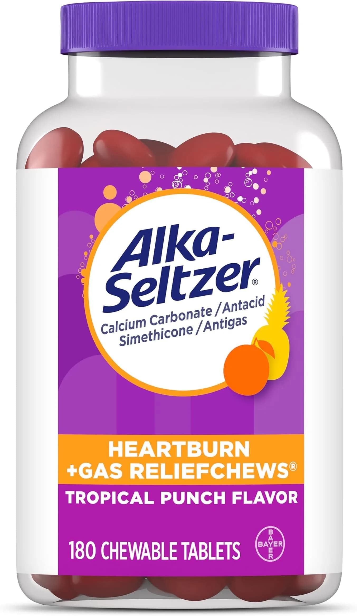 Alka-Seltzer Heartburn + Gas Relief Chews 180 Count | Fast Antacid + Antigas Relief for Heartburn, Gas, Bloating — Red