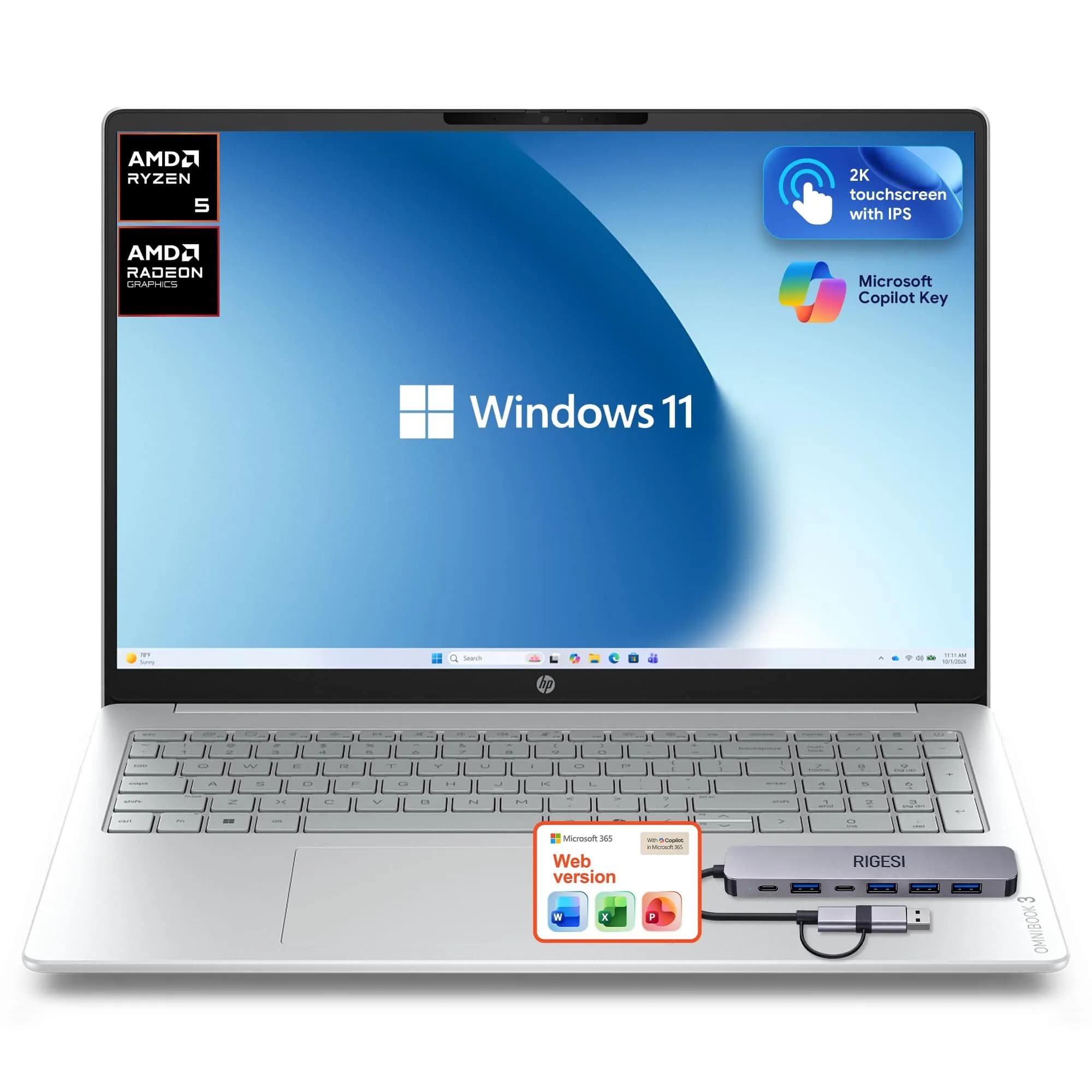 HP OmniBook 3 Flagship 16" 2K Touchscreen Laptop Bundle with Docking Station, AMD Ryzen 5, 16GB RAM, 1TB PCIe SSD, IPS, WiFi 6, AI Copilot, Windows 11 Pro — Glacier Silver