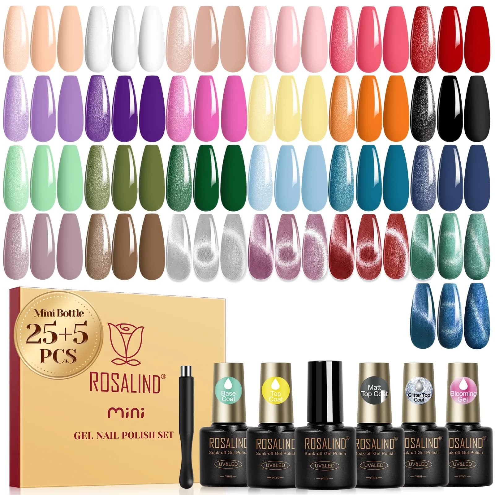 ROSALIND 30pcs Gel Nail Polish Set with Cateye Gel, Base & Top Coats | Salon Quality Manicure at Home — All Moods 25+5 Colors