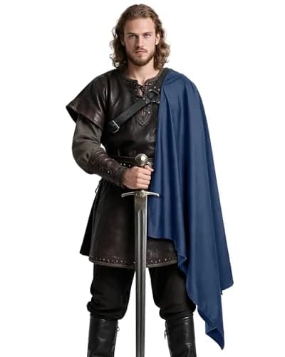 L'VOW Medieval Half Shoulder Cape Knight Cloak with Belt, Blue One Size | Classic Steampunk Cosplay Accessory thumbnail 1