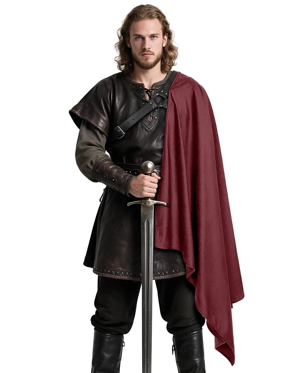 L'VOW Medieval Half Shoulder Cape Knight Cloak with Belt, Brown One Size | Authentic Vintage Design for Cosplay & Halloween — Red