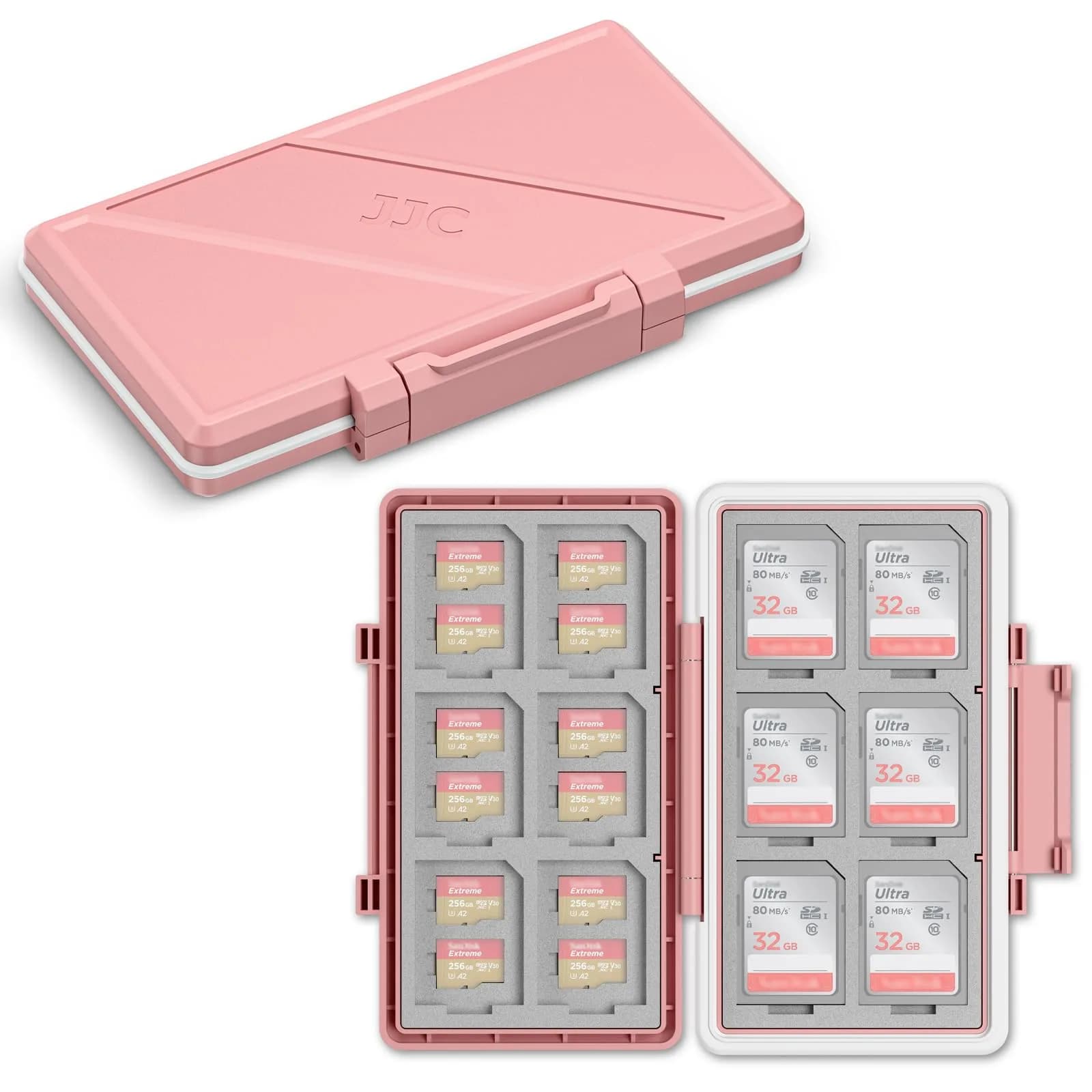 JJC Pink 36-Slot Memory Card Case | Water-Resistant & Anti-Shock for 12 SD + 24 Micro SD Cards - main product image