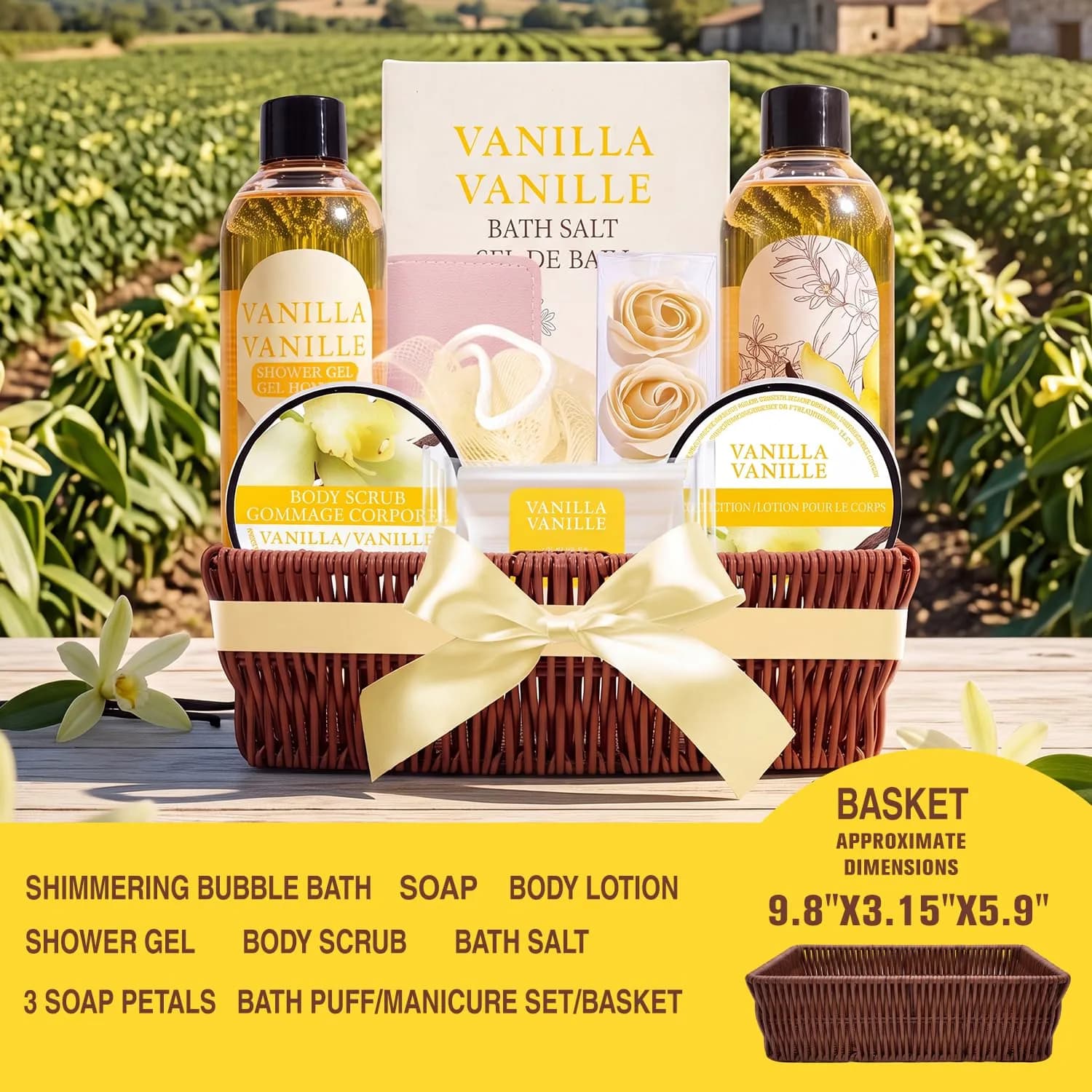 Green Canyon Spa Vanilla Spa Gift Basket for Women | 10 Pc Set with Bubble Bath, Lotion, Scrub & Reusable Basket - view 2