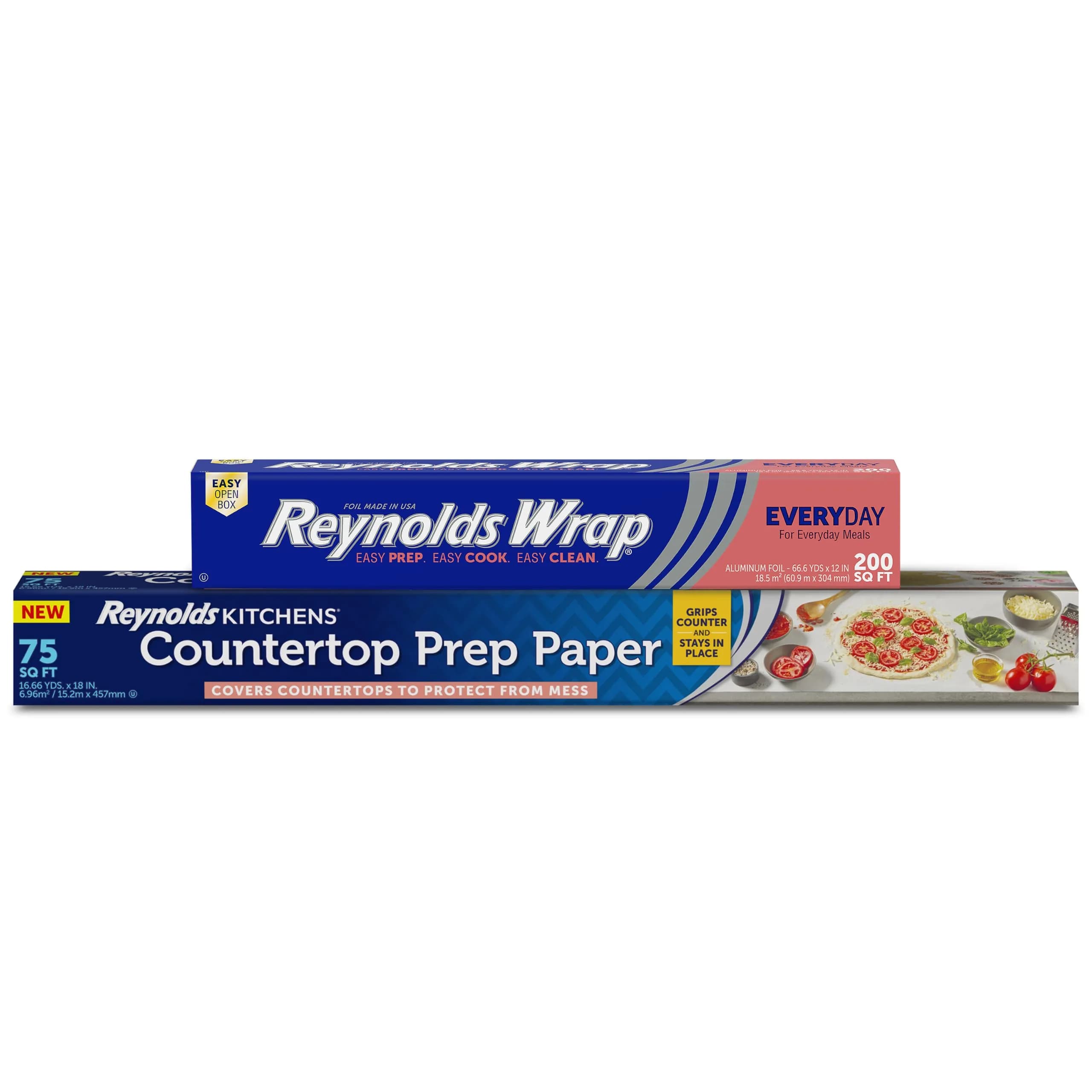 Reynolds Wrap Everyday Strength Aluminum Foil Roll & Countertop Prep Paper Bundle 200 Sq. Ft. Foil | 75 Sq. Ft. Paper | 275 Sq. Ft. Total