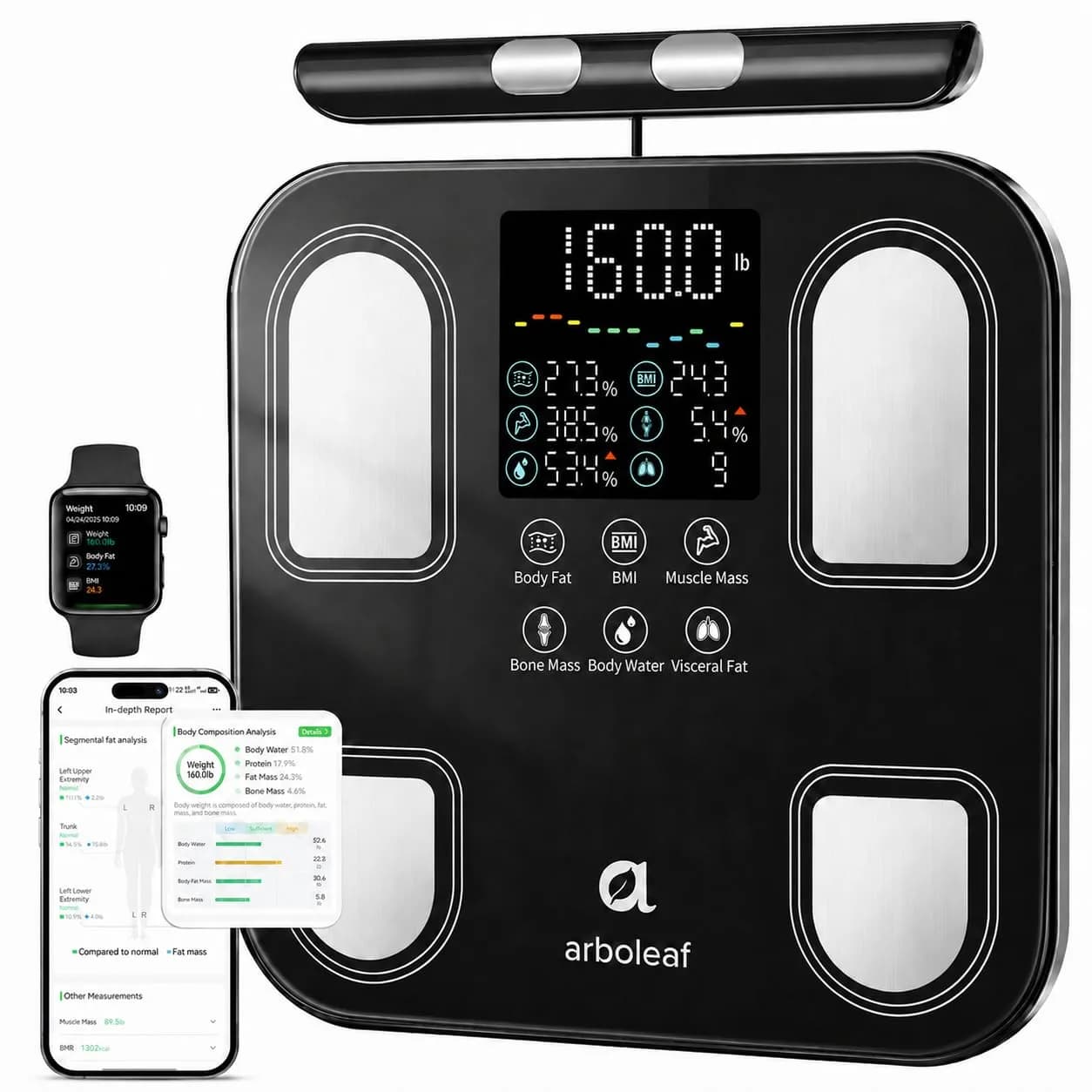 arboleaf Body Fat Scale for Body Weight 8-Electrode BMI | Full-Body Composition Tracker — Obsidian