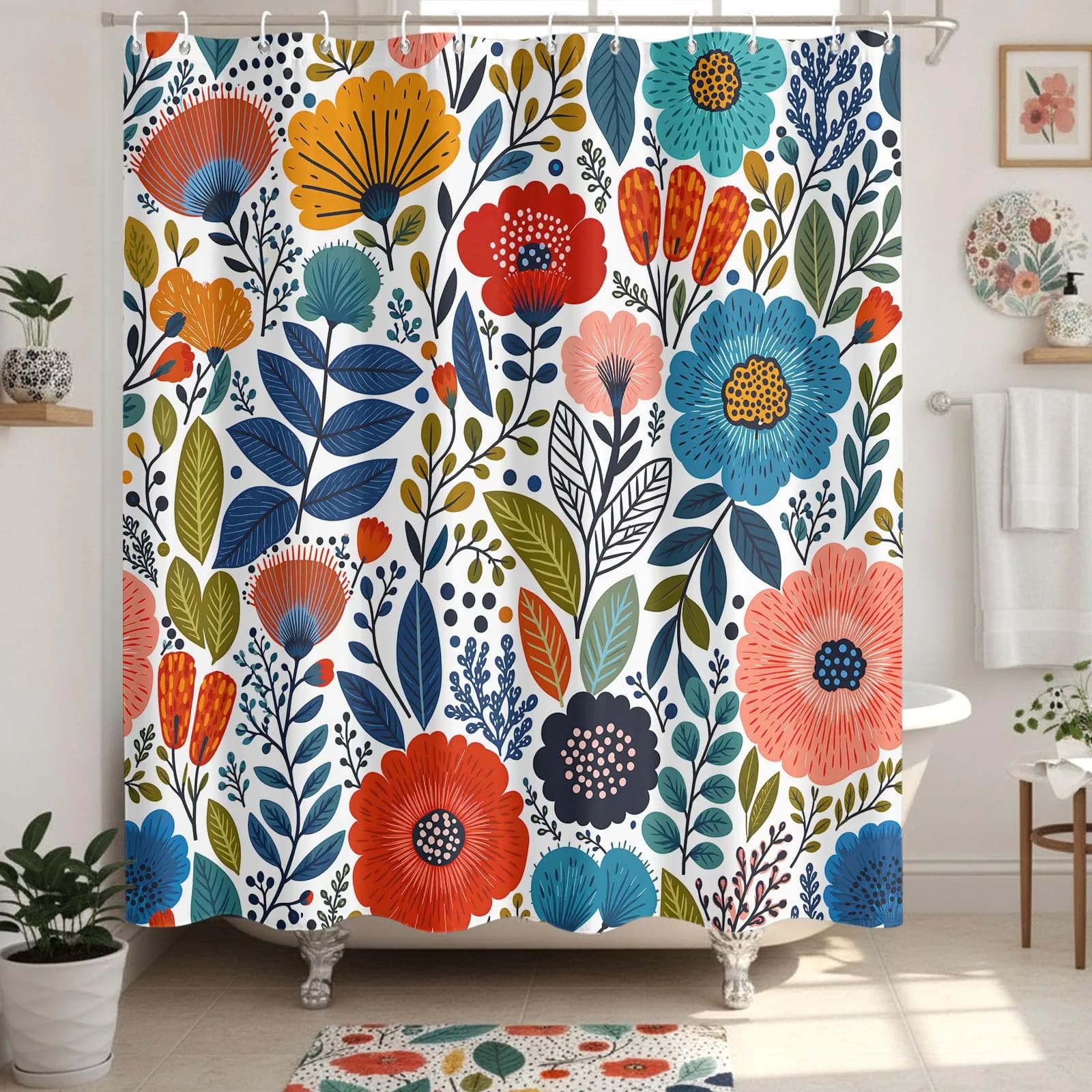 Zussun Boho Vintage Colorful Floral Shower Curtain 72x72 Inch | Artistic Water-Repellent Polyester