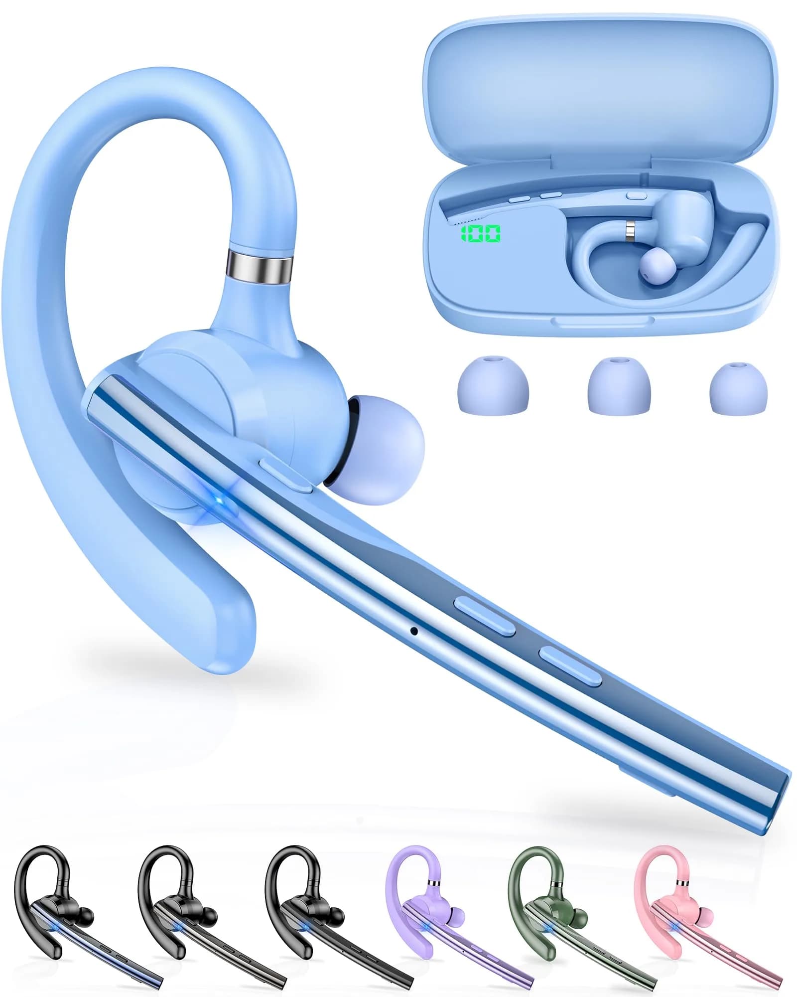 New Bee Bluetooth Headset V5.1 72H Talk Dual Mic with Mute Button, Wireless Hand-Free Bluetooth Earpiece with 500mAh Charging Case (Black) — Light blue / M54
