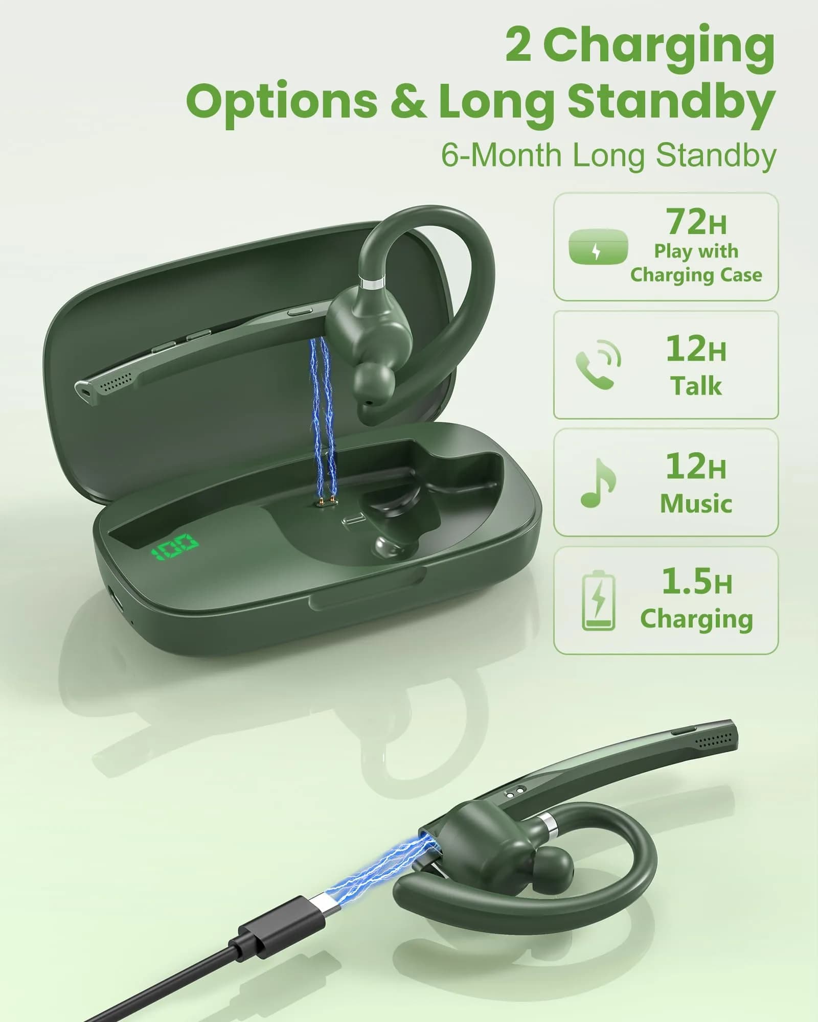 New Bee M54 Bluetooth Headset with Charging Case | 72H Talk Time, Dual Mic, 15m Range - view 3