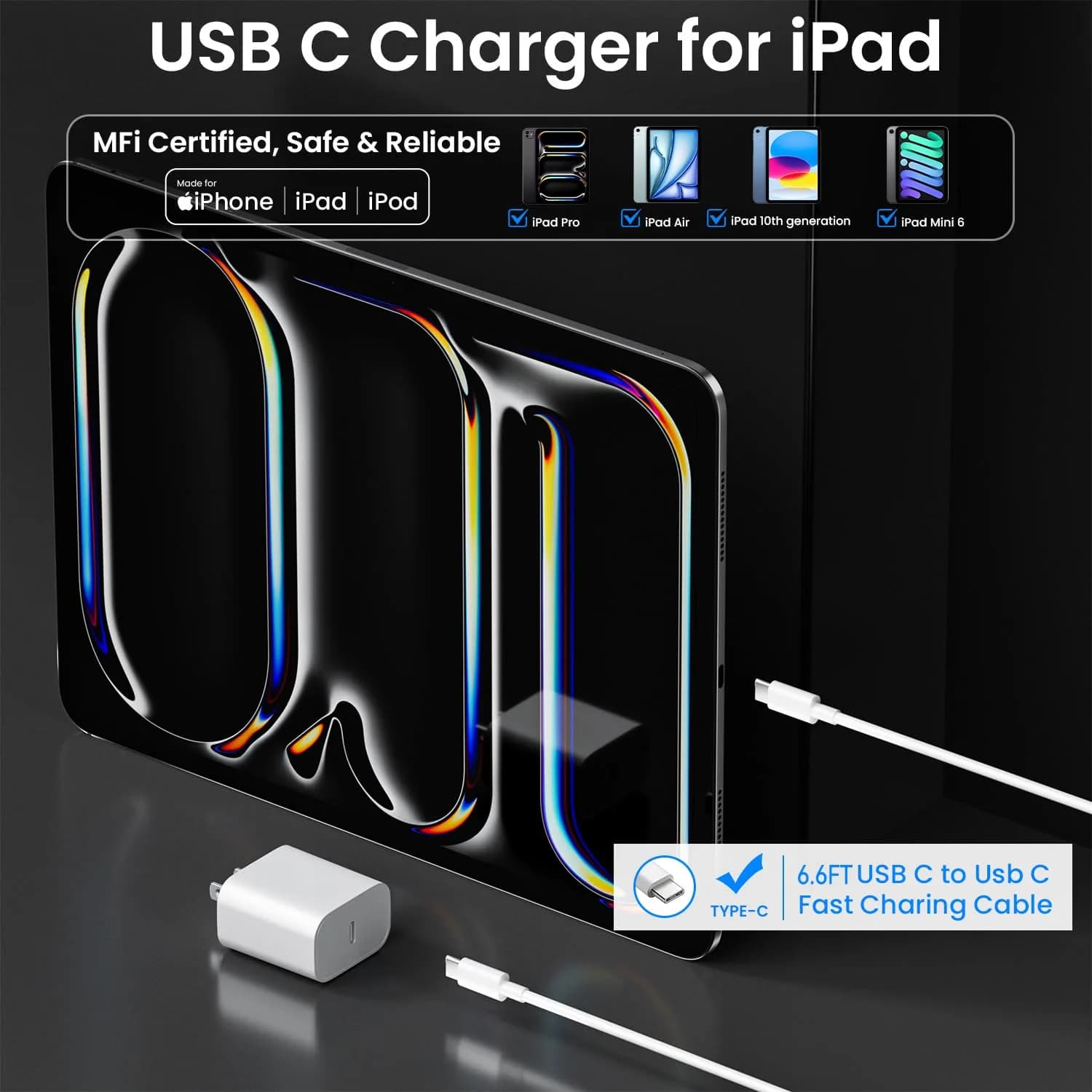 2Pack 20W USB C Fast Charger with 6.6ft USB C to C Cable for Apple iPad Pro 13/12.9/11 inch, iPad A16/10th Generation, iPad Air 11/13-in/5/4th, iPad mini 6/7th, iPhone 17/16/15 - view 2