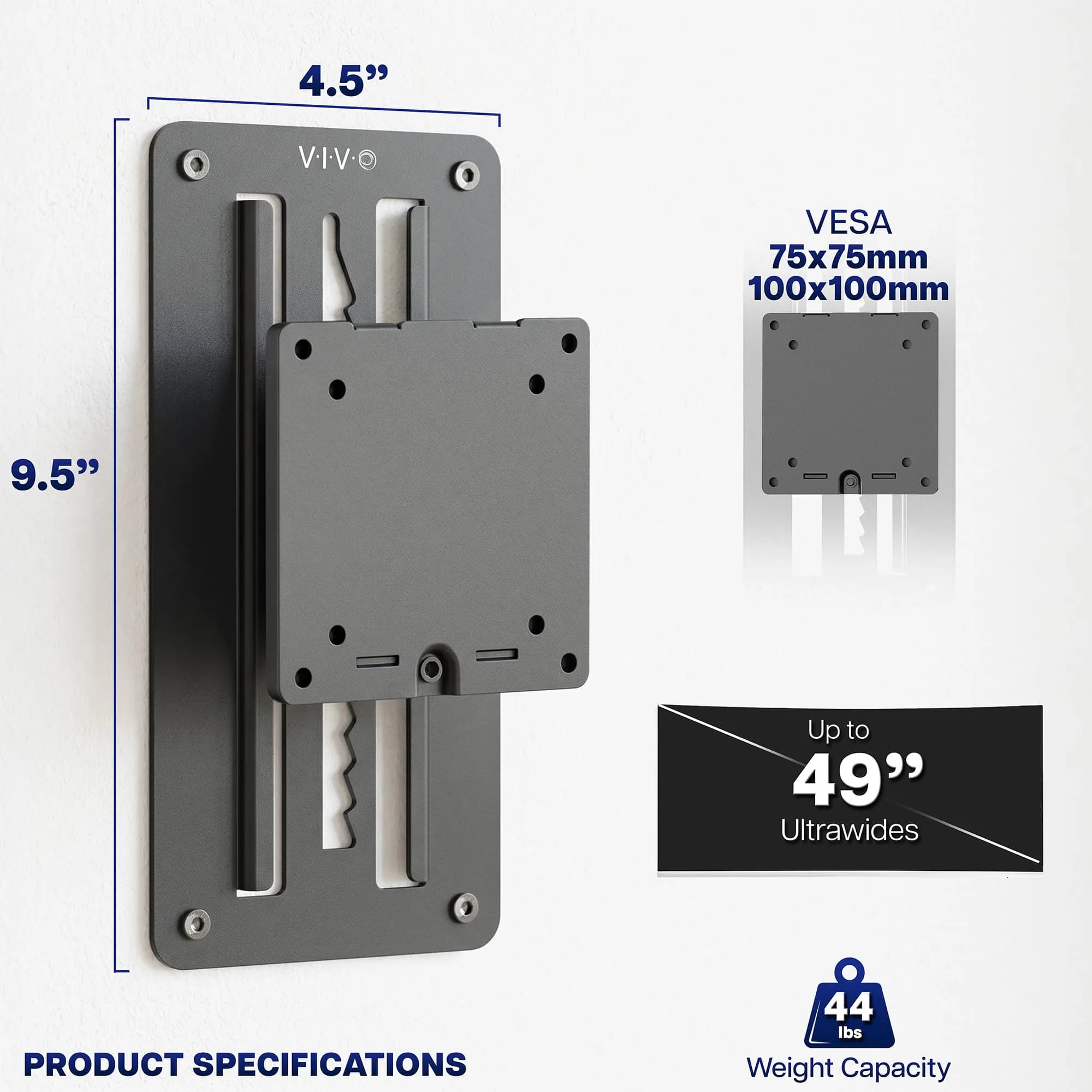 VIVO Black Heavy Duty Monitor Mount Wall Bracket for Ultrawide Screens up to 49 inch | 6.3 inch Height Adjustment - view 3