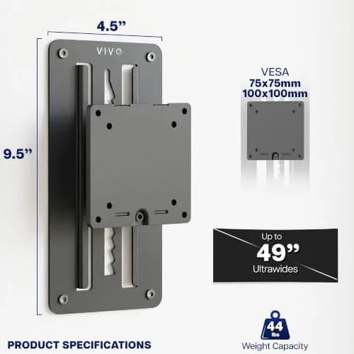 VIVO Black Heavy Duty Monitor Mount Wall Bracket for Ultrawide Screens up to 49 inch | 6.3 inch Height Adjustment thumbnail 3