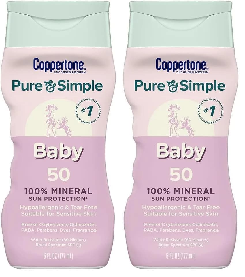 Coppertone Pure and Simple Baby Sunscreen Lotion SPF 50, Zinc Oxide Mineral Sunscreen for Babies, Hypoallergenic and Tear Free, 2 x 6 Fl Oz Bottles - main product image