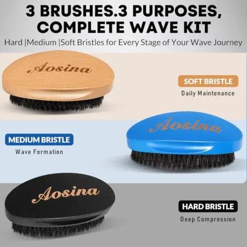 Aosina Boar Bristle Hair Brush for Men, 3-Pack | Soft, Medium & Hard Wave Brushes for 360 & Wolfing thumbnail 2