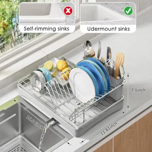 ANTOPY Dish Drying Rack Stainless Steel for Kitchen Counter, Rustproof, Compact, 16.5''Lx11.8''W, Gray thumbnail 2