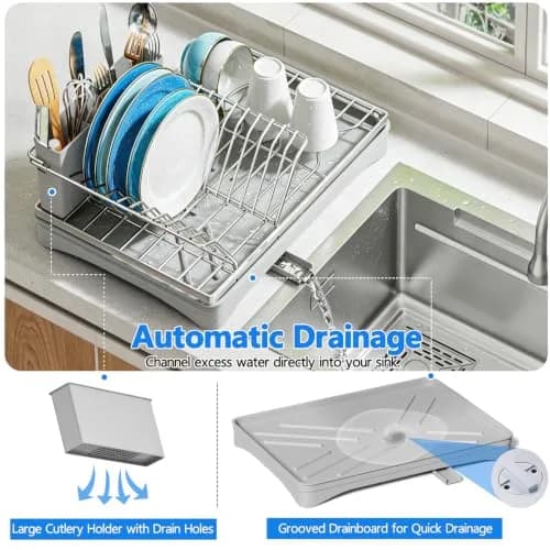 ANTOPY Dish Drying Rack Stainless Steel for Kitchen Counter, Rustproof, Compact, 16.5''Lx11.8''W, Gray thumbnail 4