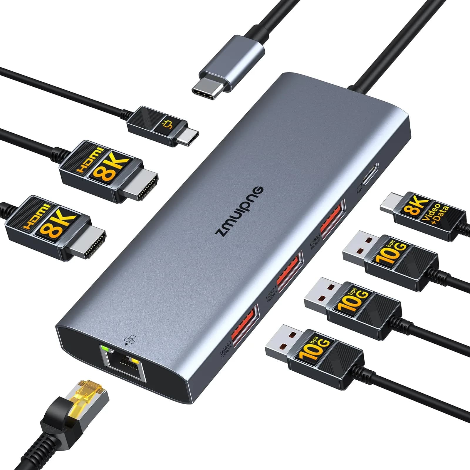 ZMUIPNG Laptop USB C Docking Station Dual HDMI Monitors 8K | 8-in-1 USB-C Hub with 100W PD, Ethernet, Triple 4K Support — 8 IN 1 8K 2HDMI+USB C Video