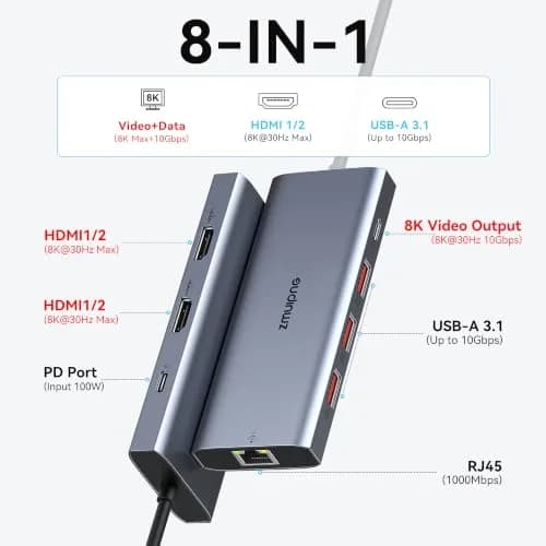 ZMUIPNG Laptop USB C Docking Station Dual HDMI Monitors 8K | 8-in-1 USB-C Hub with 100W PD, Ethernet, Triple 4K Support thumbnail 2