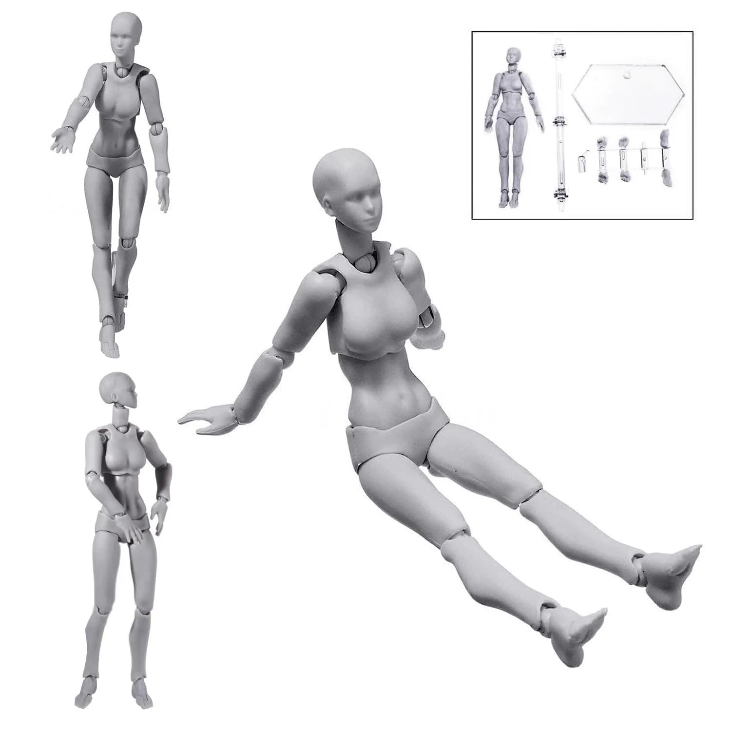 Haniforever Artist Mannequin Set Grey Male+Female 14cm (5.5") | Posable Art Figures for Sketching & Painting - view 3