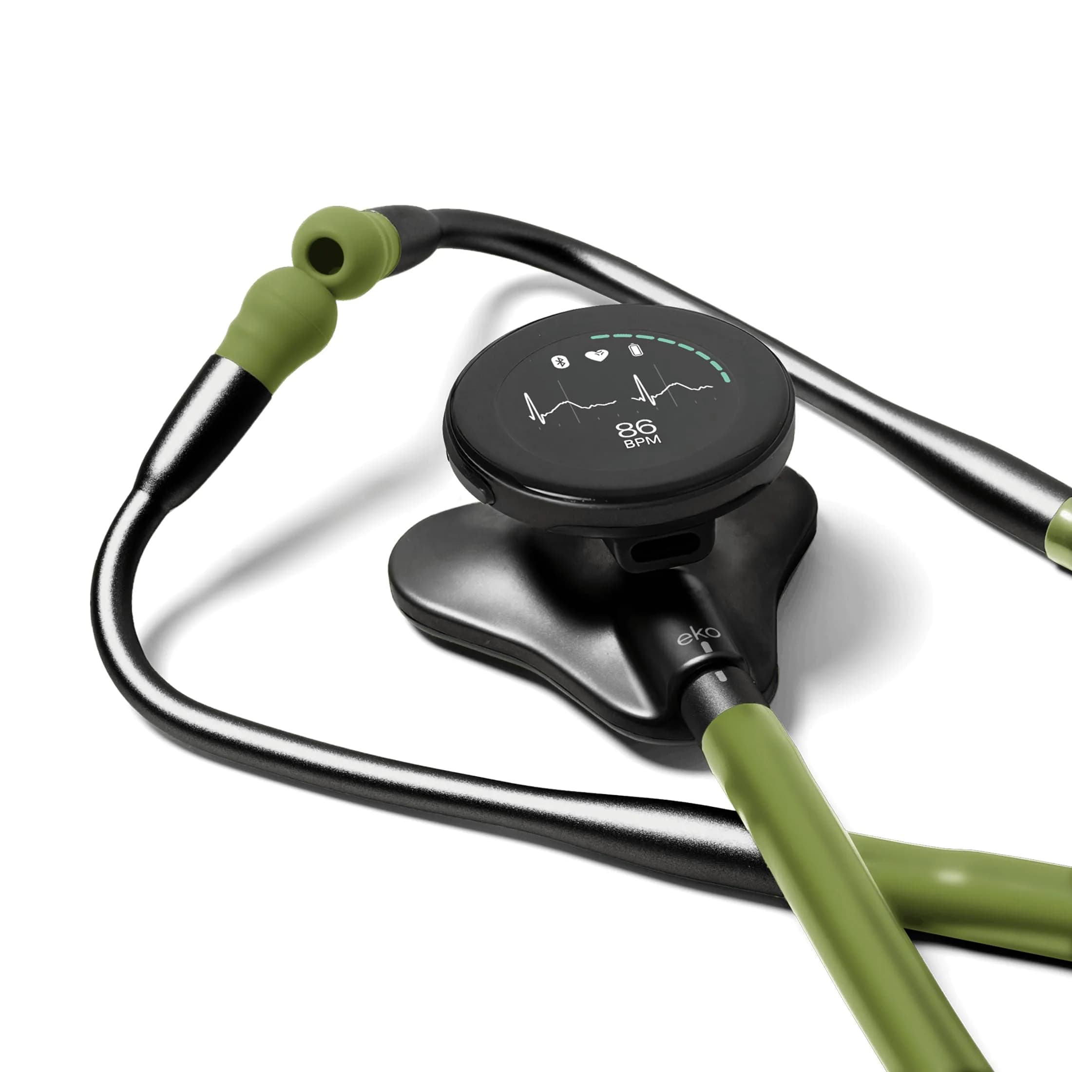 EKO CORE 500™ Digital Stethoscope — 40x Amplification, Active Noise Cancellation, 3-Lead ECG, FDA-Cleared AI with Eko+, Full-Color Display, Reimbursement Eligible — Silver — Military Green