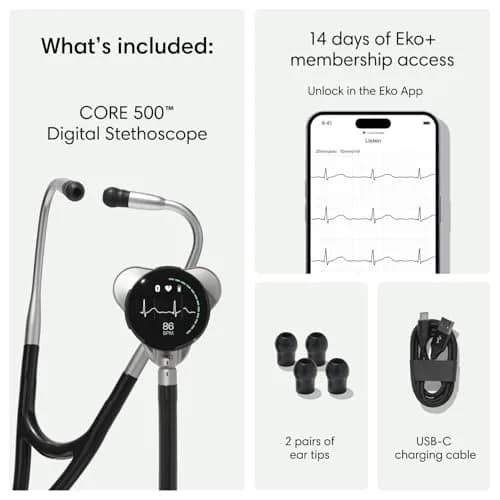 EKO CORE 500™ Digital Stethoscope — 40x Amplification, Active Noise Cancellation, 3-Lead ECG, FDA-Cleared AI with Eko+, Full-Color Display, Reimbursement Eligible — Military Green thumbnail 6
